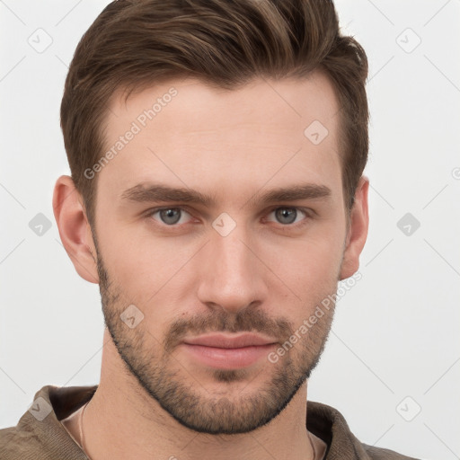 Neutral white young-adult male with short  brown hair and grey eyes