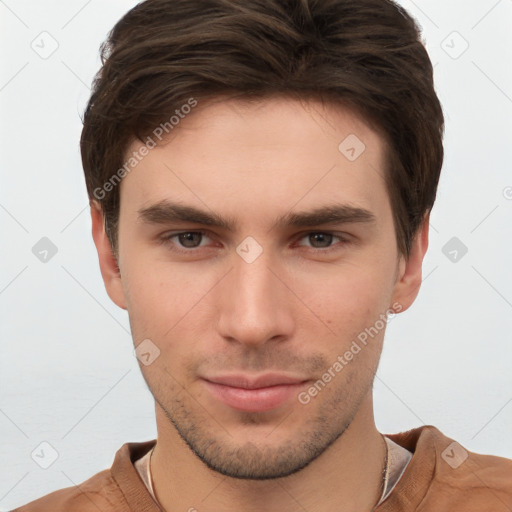 Neutral white young-adult male with short  brown hair and brown eyes