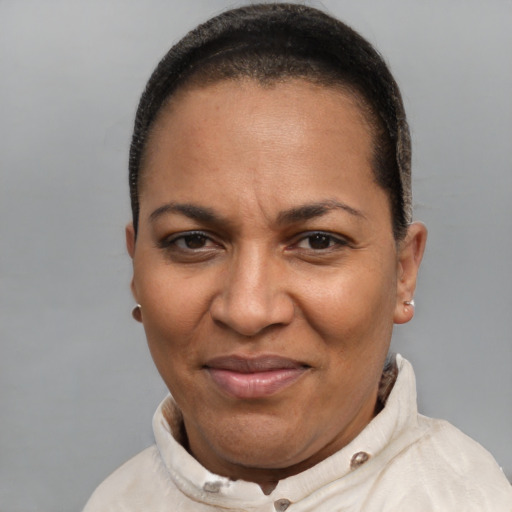 Joyful black adult female with short  brown hair and brown eyes