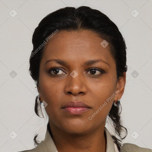 Neutral black young-adult female with medium  black hair and brown eyes