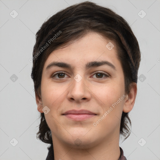 Joyful white young-adult female with short  brown hair and brown eyes