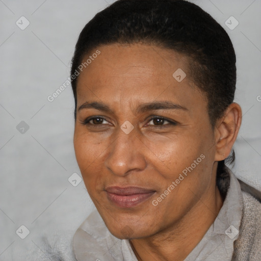 Joyful black adult female with short  brown hair and brown eyes