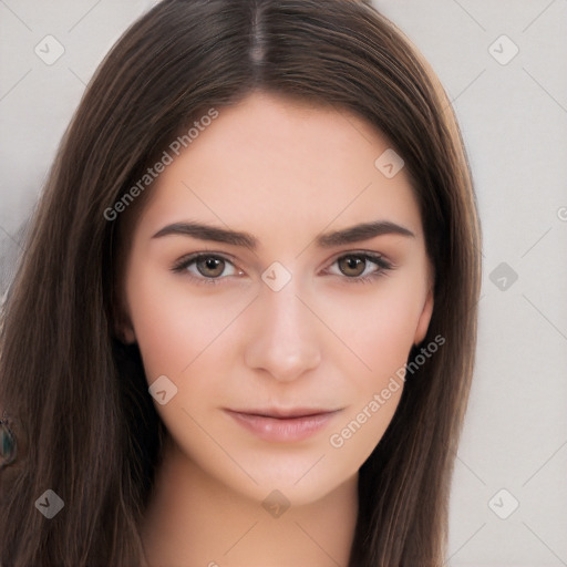 Neutral white young-adult female with long  brown hair and brown eyes