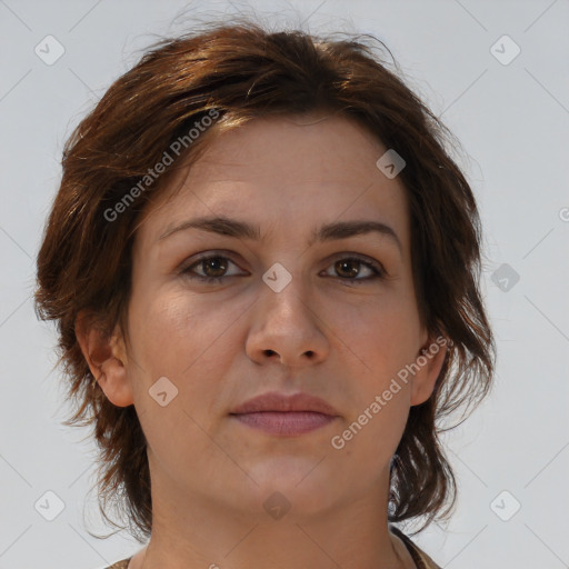 Neutral white young-adult female with medium  brown hair and brown eyes