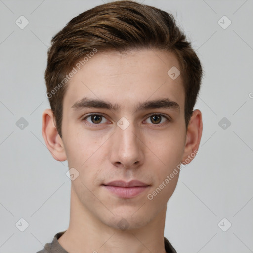 Neutral white young-adult male with short  brown hair and brown eyes