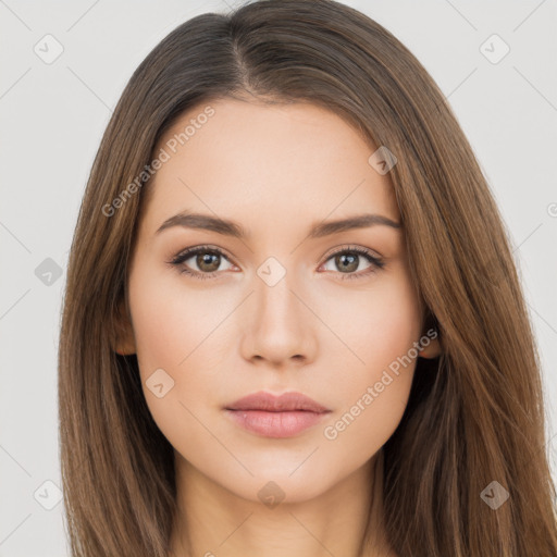 Neutral white young-adult female with long  brown hair and brown eyes