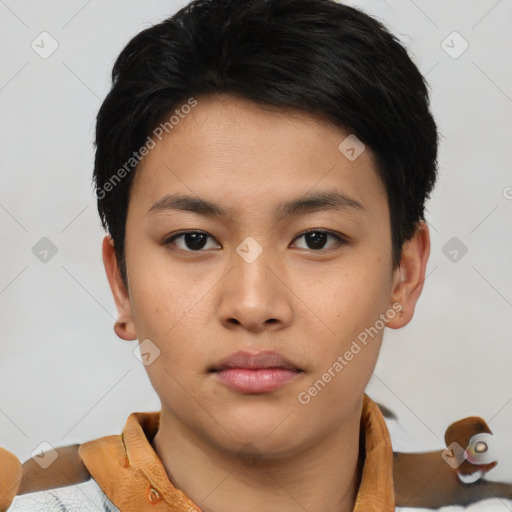 Neutral asian young-adult male with short  brown hair and brown eyes