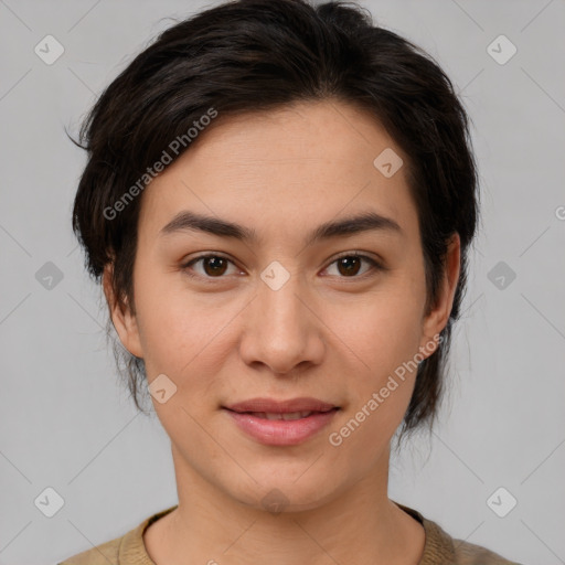 Joyful white young-adult female with medium  brown hair and brown eyes