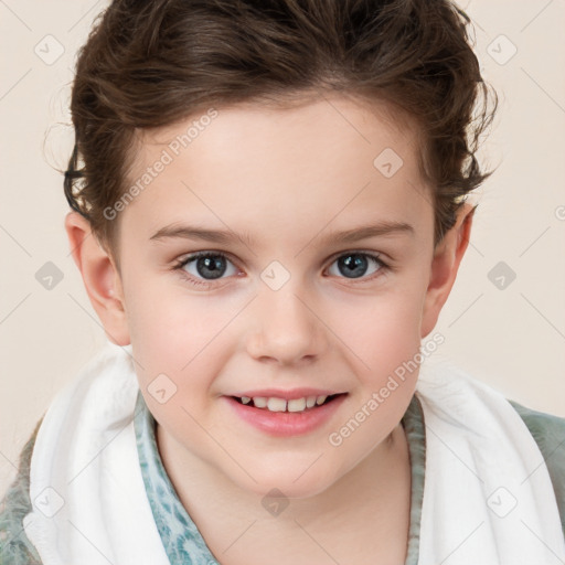 Joyful white child female with short  brown hair and brown eyes