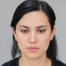 Neutral asian young-adult female with medium  black hair and brown eyes