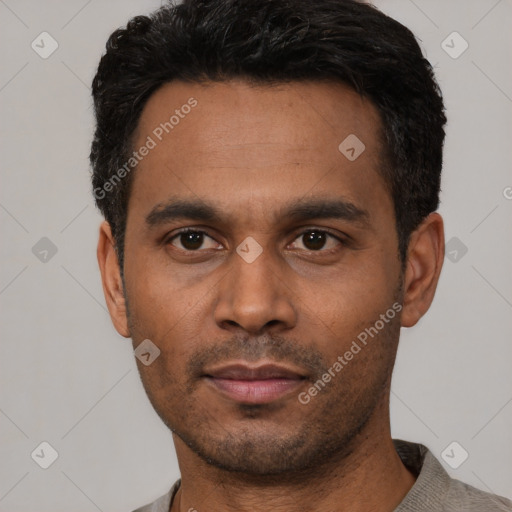 Neutral latino young-adult male with short  black hair and brown eyes