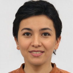 Joyful asian young-adult female with short  brown hair and brown eyes