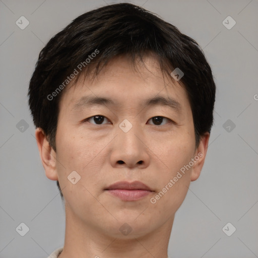 Neutral asian young-adult male with short  brown hair and brown eyes