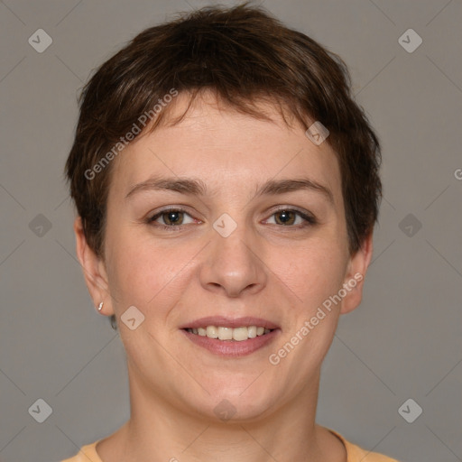 Joyful white young-adult female with short  brown hair and brown eyes