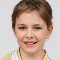 Joyful white child female with medium  brown hair and brown eyes