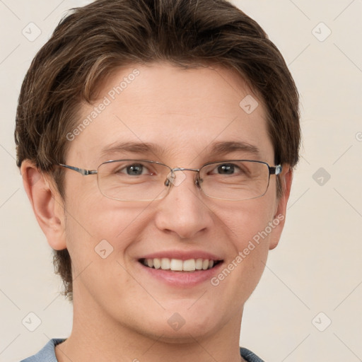 Joyful white adult female with short  brown hair and grey eyes