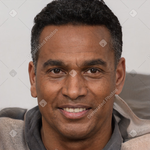 Joyful black adult male with short  black hair and brown eyes