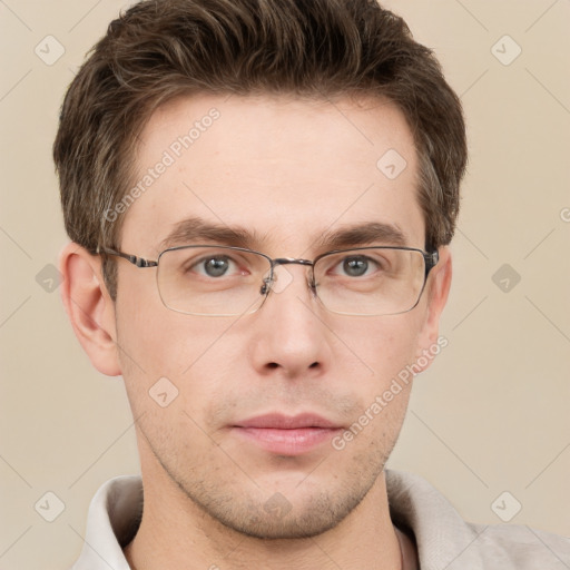 Neutral white young-adult male with short  brown hair and grey eyes