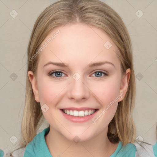 Joyful white young-adult female with medium  brown hair and blue eyes