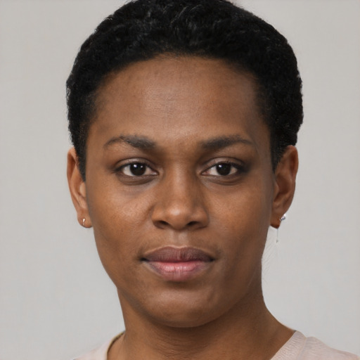 Neutral black young-adult female with short  black hair and brown eyes