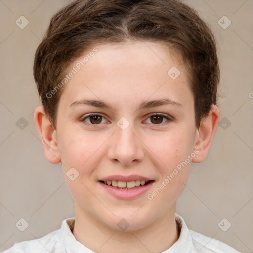 Joyful white child female with short  brown hair and brown eyes