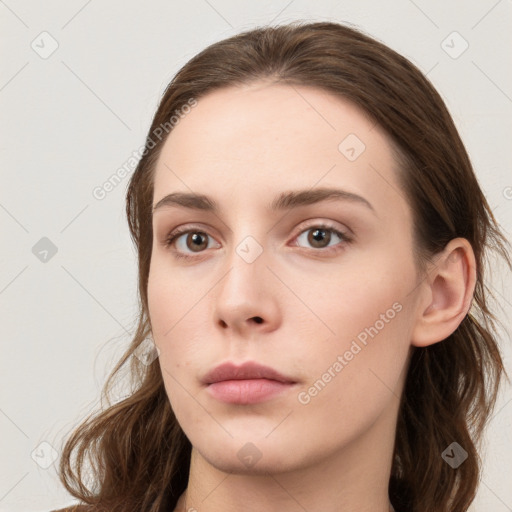 Neutral white young-adult female with long  brown hair and grey eyes