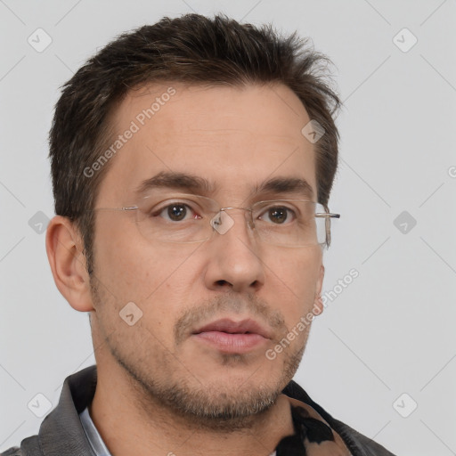 Neutral white adult male with short  brown hair and brown eyes