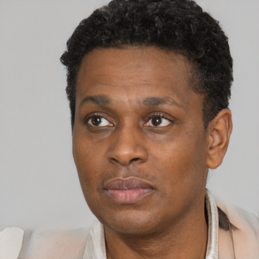 Neutral black young-adult male with short  black hair and brown eyes