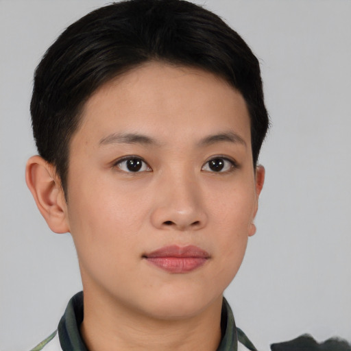 Neutral asian young-adult female with short  brown hair and brown eyes