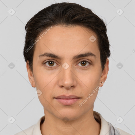 Neutral white young-adult female with short  brown hair and brown eyes