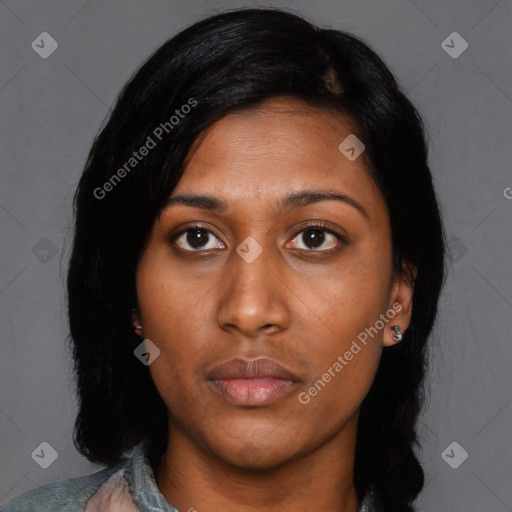 Neutral asian young-adult female with medium  black hair and brown eyes