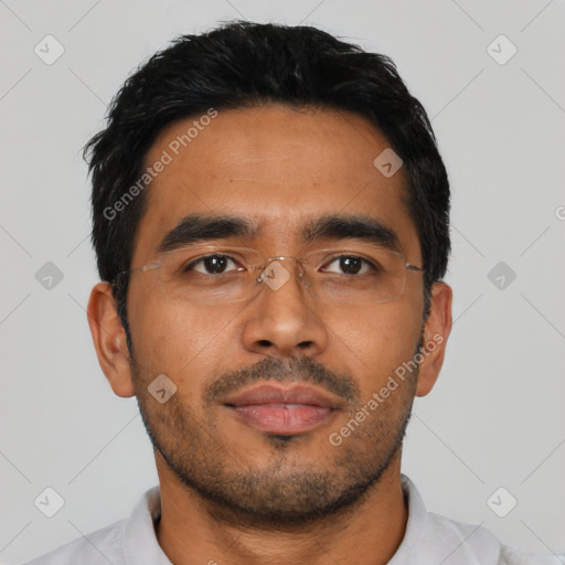 Neutral asian young-adult male with short  black hair and brown eyes