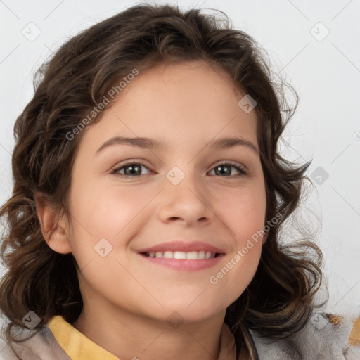 Joyful white child female with medium  brown hair and brown eyes