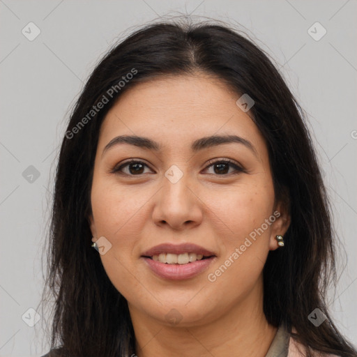 Joyful asian young-adult female with long  brown hair and brown eyes