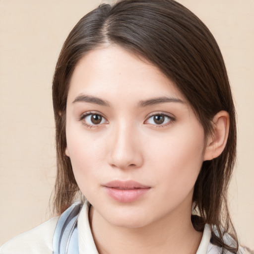 Neutral white young-adult female with medium  brown hair and brown eyes