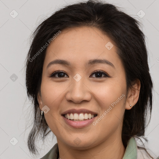 Joyful white young-adult female with medium  brown hair and brown eyes