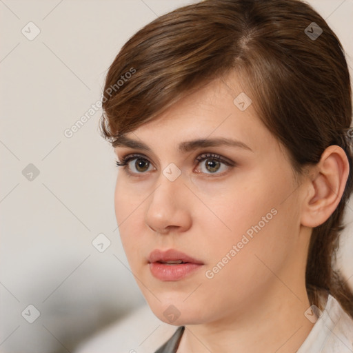 Neutral white young-adult female with medium  brown hair and brown eyes