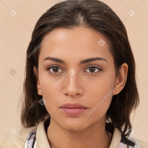 Neutral white young-adult female with medium  brown hair and brown eyes