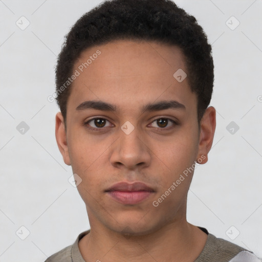 Neutral latino young-adult male with short  black hair and brown eyes