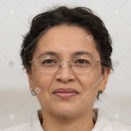 Joyful white adult female with short  brown hair and brown eyes