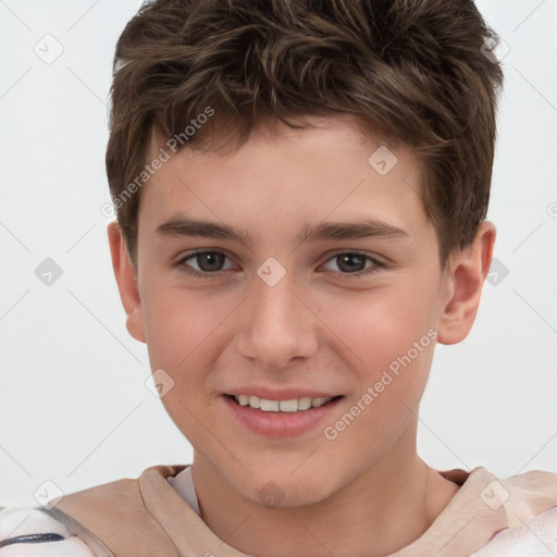 Joyful white child male with short  brown hair and brown eyes