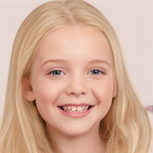 Joyful white child female with long  blond hair and blue eyes