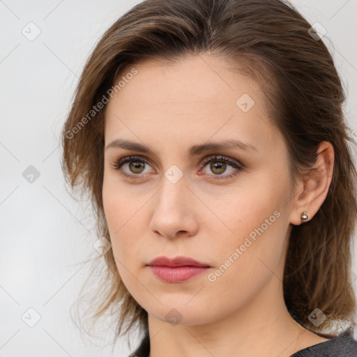 Neutral white young-adult female with medium  brown hair and brown eyes