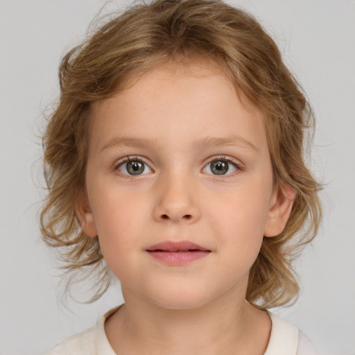 Neutral white child female with medium  brown hair and blue eyes