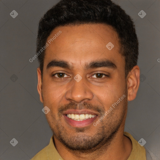 Joyful black young-adult male with short  brown hair and brown eyes