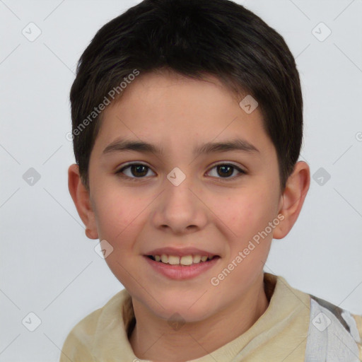 Joyful white child female with short  brown hair and brown eyes