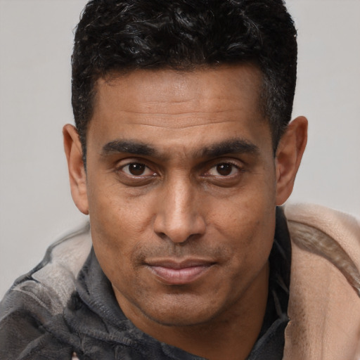Joyful latino adult male with short  brown hair and brown eyes