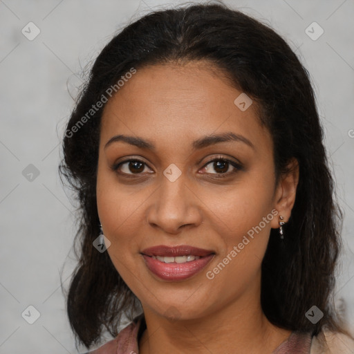 Joyful latino young-adult female with medium  brown hair and brown eyes