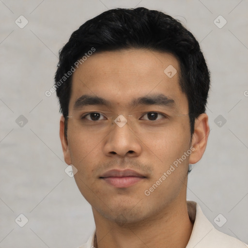 Neutral asian young-adult male with short  black hair and brown eyes