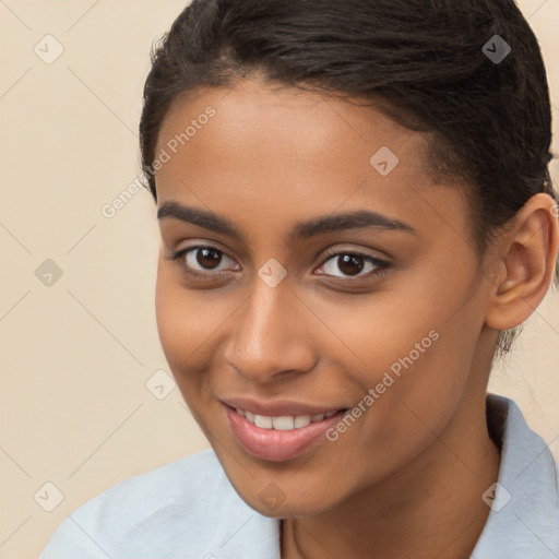 Joyful white young-adult female with short  brown hair and brown eyes